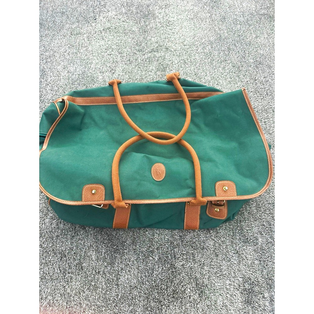 Ralph Lauren Green Canvas Duffle Bag Leather Trim Weekender Travel Luggage